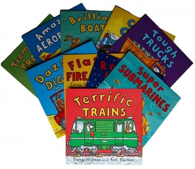 Ten paperback books from the Amazing Machines collection by Tony Mitton for ages 3-7, published by Kingfisher.