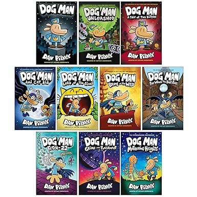 Ten paperback books from the Dog Man Series by Dav Pilkey, featuring colorful covers and engaging illustrations.
