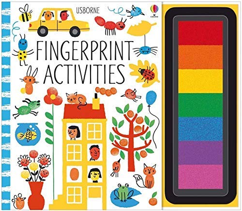 Four paperback books from Usborne Publishing Ltd featuring fingerprint activities for kids ages 3–7.
