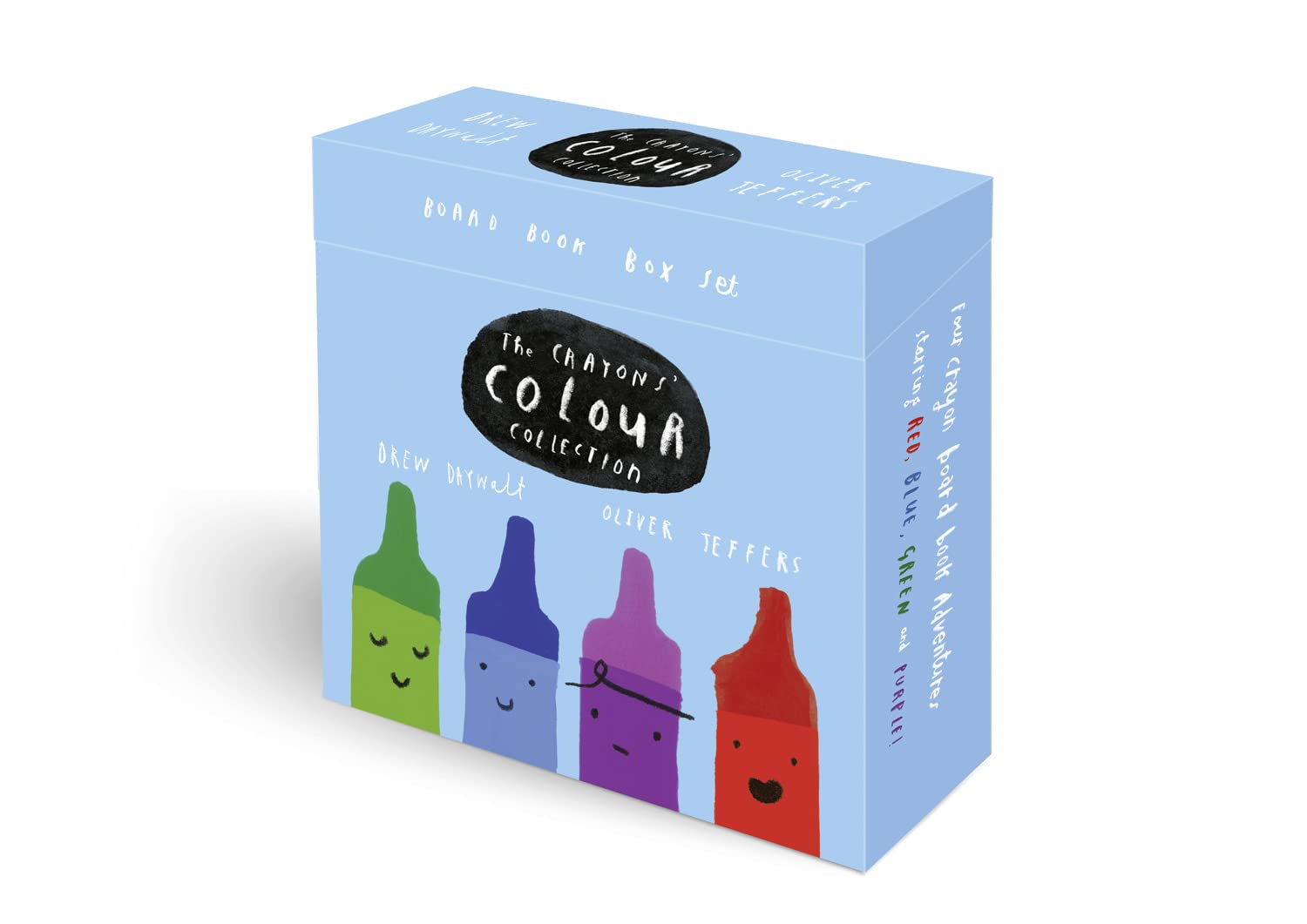 Drew Daywalt Crayons Colour Collection board books in a box set for ages 0-5, featuring colorful illustrations and engaging stories.