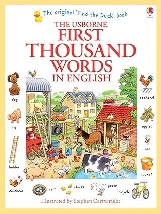 Two paperback books from the First Thousand Words collection by Heather Amery for ages 3–5, showcasing colorful illustrations.