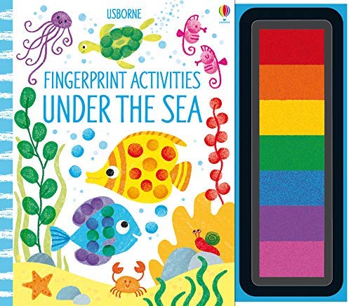 Four paperback books from Usborne Publishing Ltd featuring fingerprint activities for kids ages 3–7.