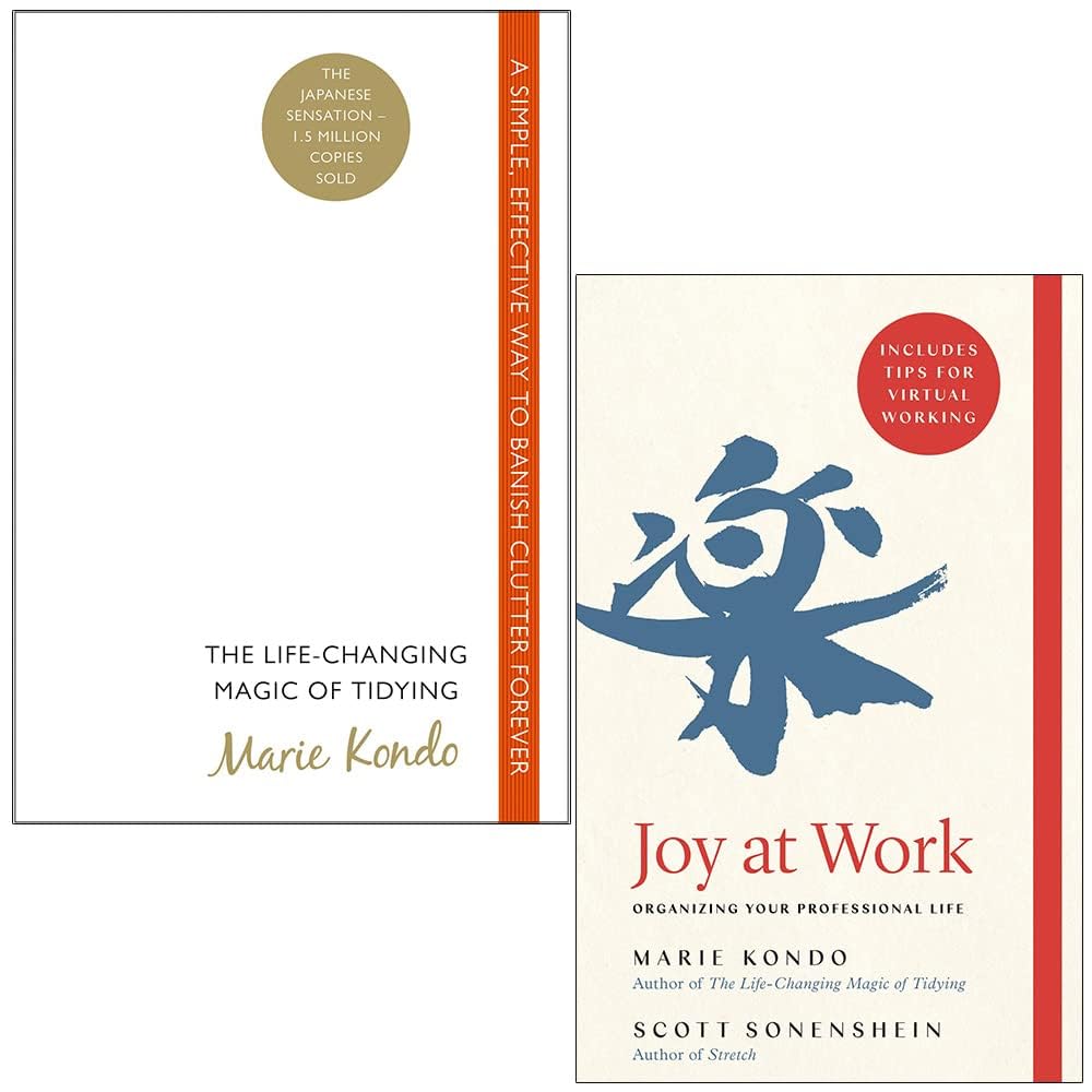 Marie Kondo 2 Books Collection Set in paperback, featuring vermilion and bluebird covers, stacked on a wooden surface.