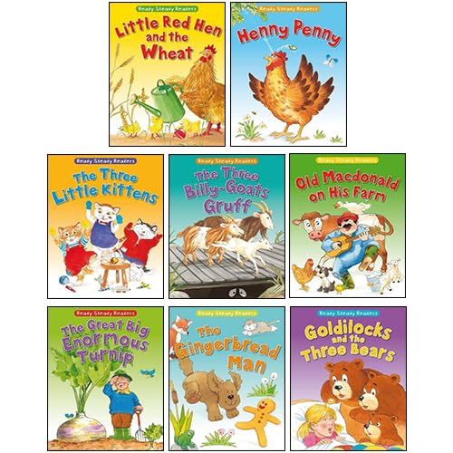 Set of eight Ready Steady Readers paperback books by Lesley Smith for ages 3 to 7, featuring colorful covers and engaging illustrations.