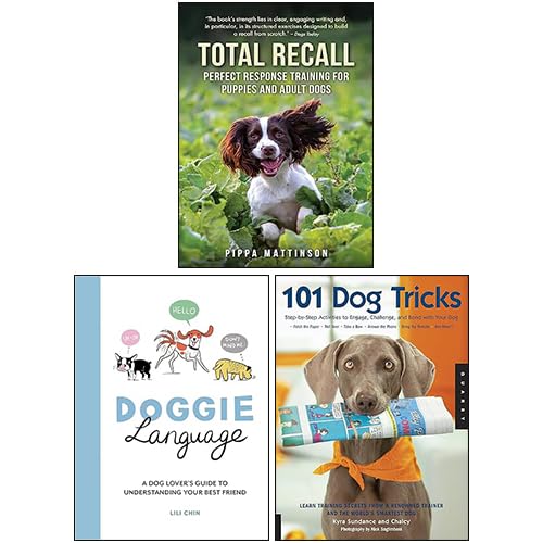 Three paperback books on dog tricks training by Pippa Mattinson, showcasing engaging covers with illustrations and titles.