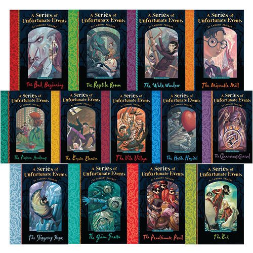 A Series of Unfortunate Events by Lemony Snicket, 13 paperback books collection set, featuring colorful covers and titles.