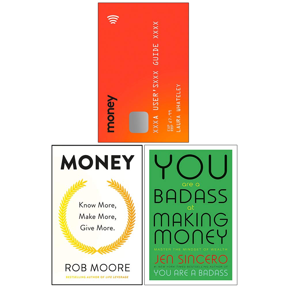 Money Mastery 3 Books Collection Set in paperback, featuring various authors, by Laura Whateley, displayed on a wooden surface.