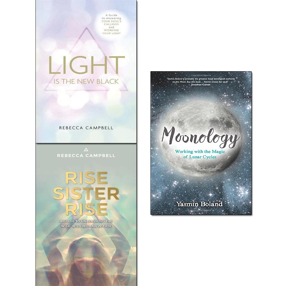 Three paperback books from the Lumina Trio collection by Rebecca Campbell on a wooden surface.