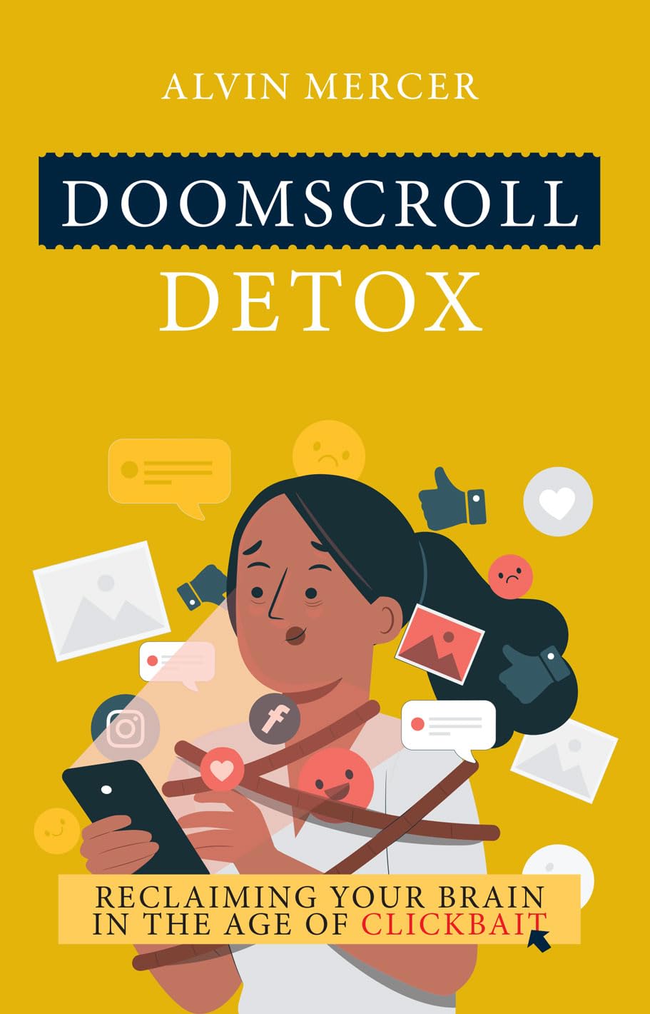 Doomscroll Detox by Alvin Mercer, paperback book cover featuring a brain illustration and calming colors.