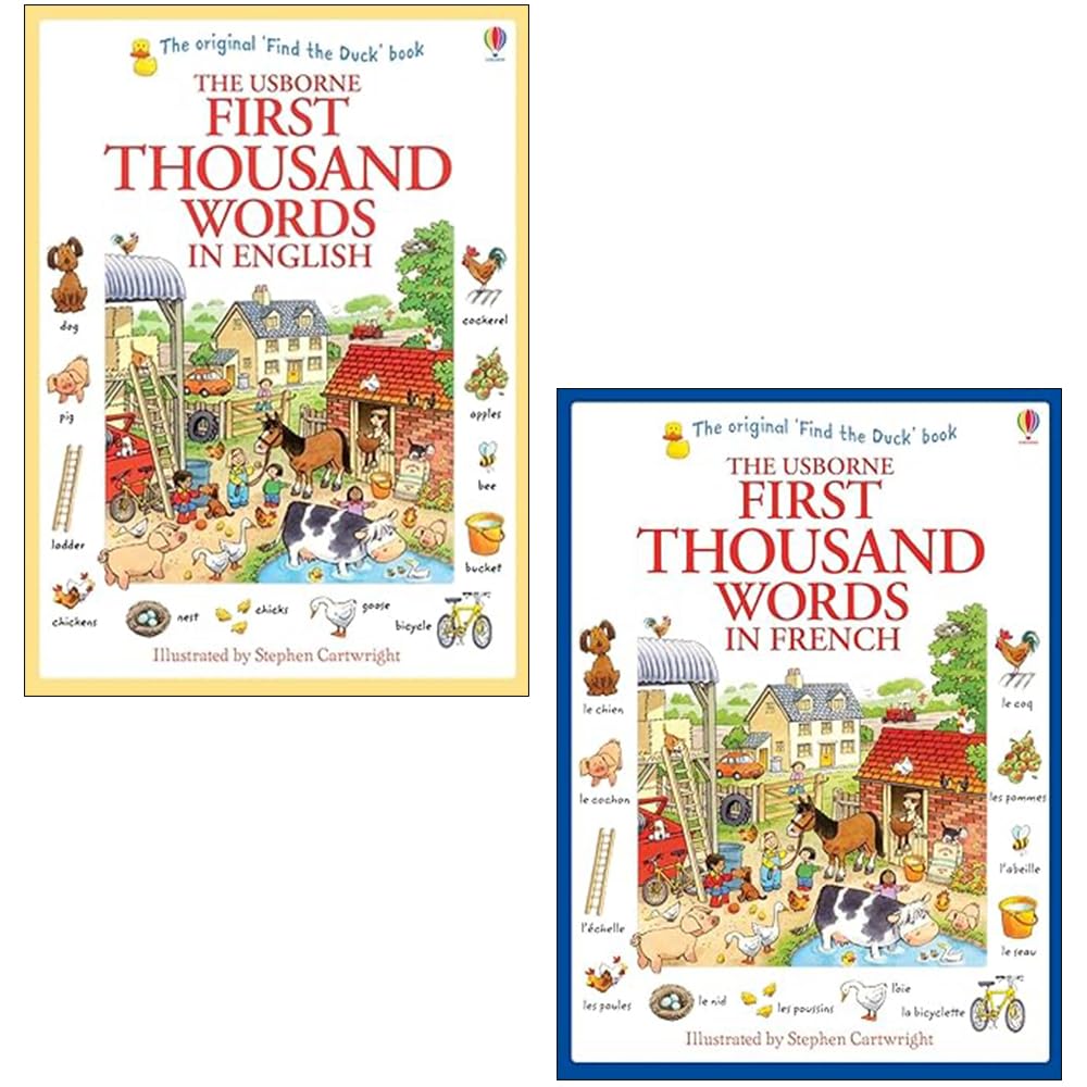 First Thousand Words by Heather Amery, two paperback books for ages 3-5, featuring colorful illustrations and engaging content.