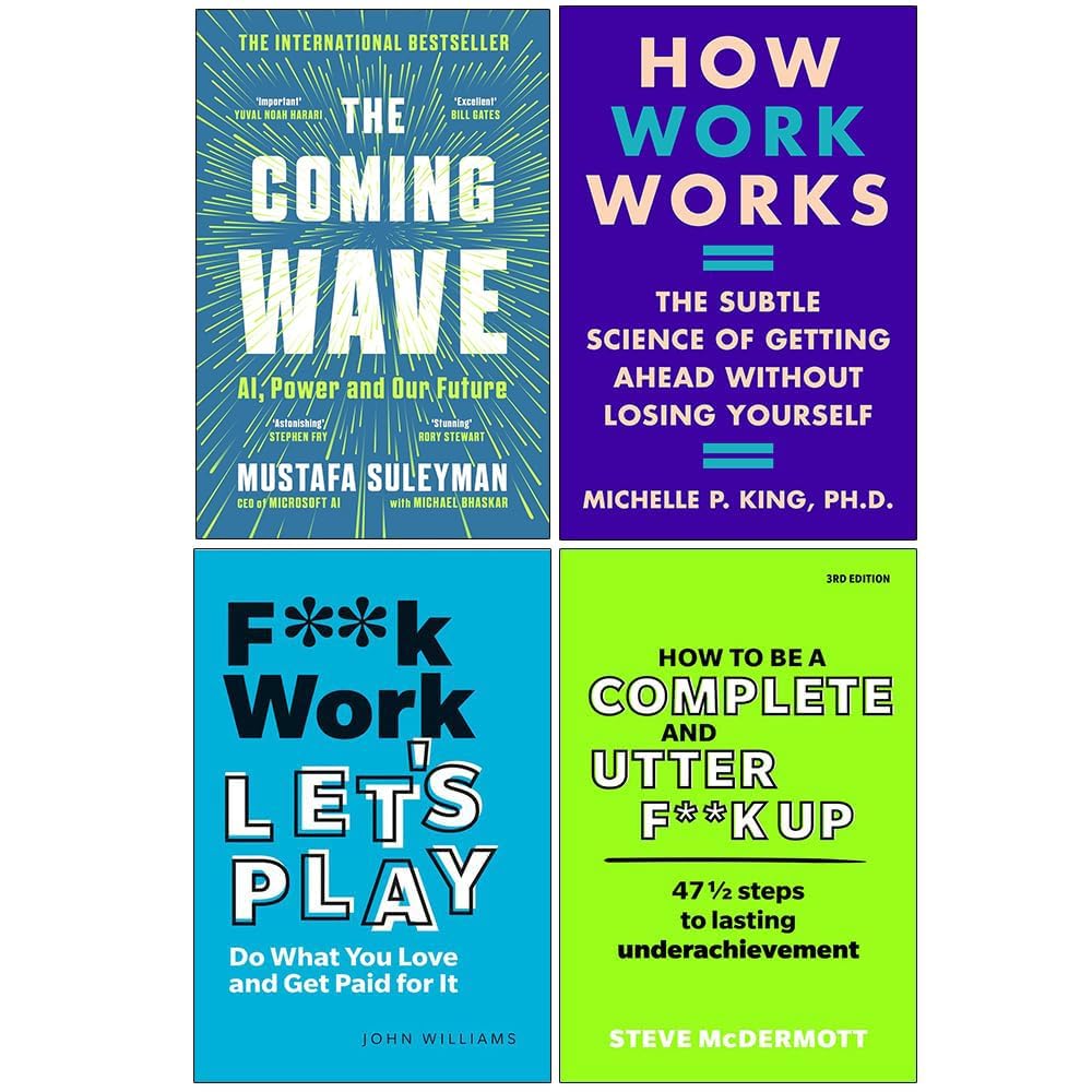 Four paperback non-fiction books collection by various authors, featuring titles by Mustafa Suleyman and Michael Bhaskar.