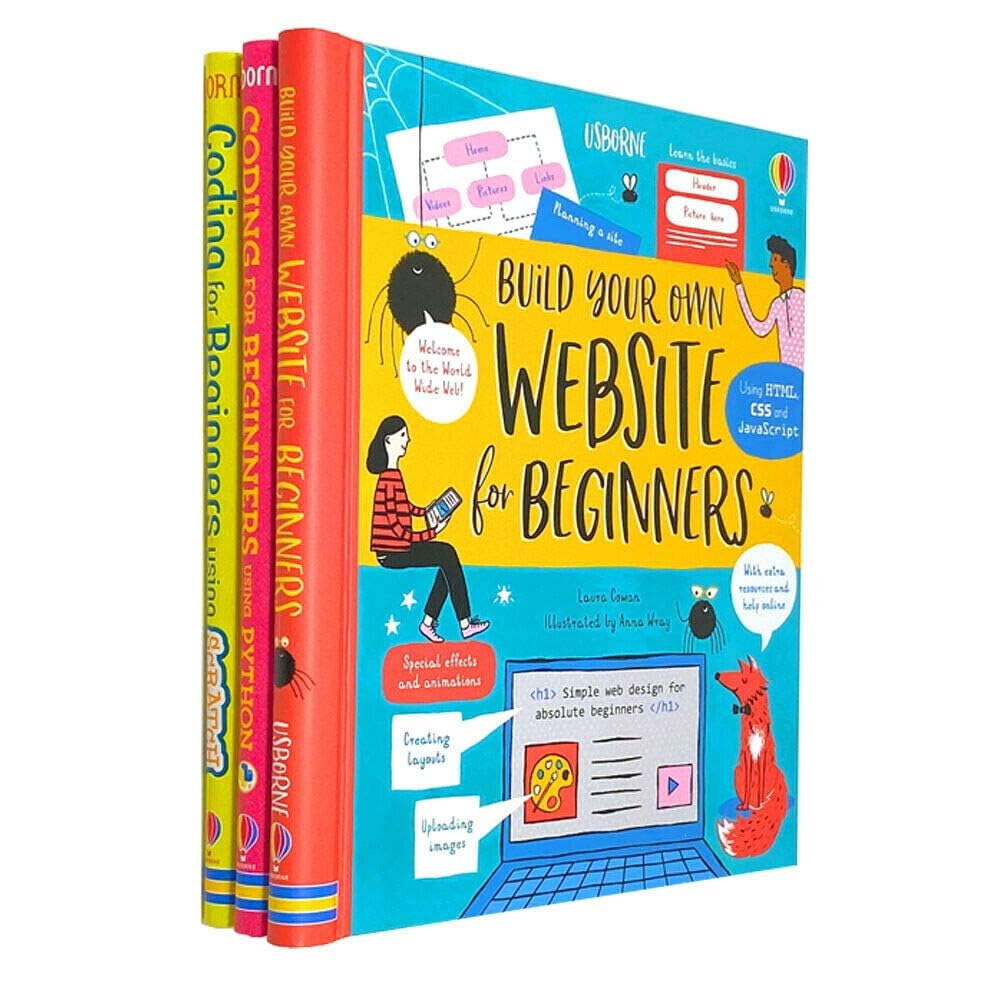Usborne Coding for Beginners by Louie Stowell, three paperback books collection set stacked on a wooden table.