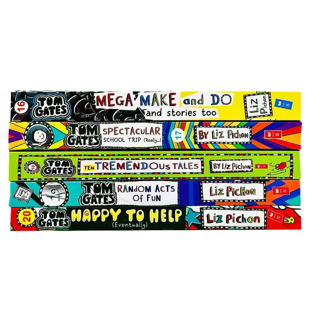 Tom Gates Series by Liz Pichon, five paperback books collection for ages 8-12, stacked with colorful covers displayed.