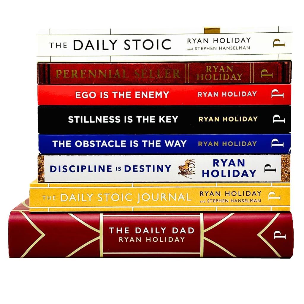 Ryan Holiday Collection 8 hardback books set, showcasing non-fiction titles by Ryan Holiday, neatly arranged on a shelf.