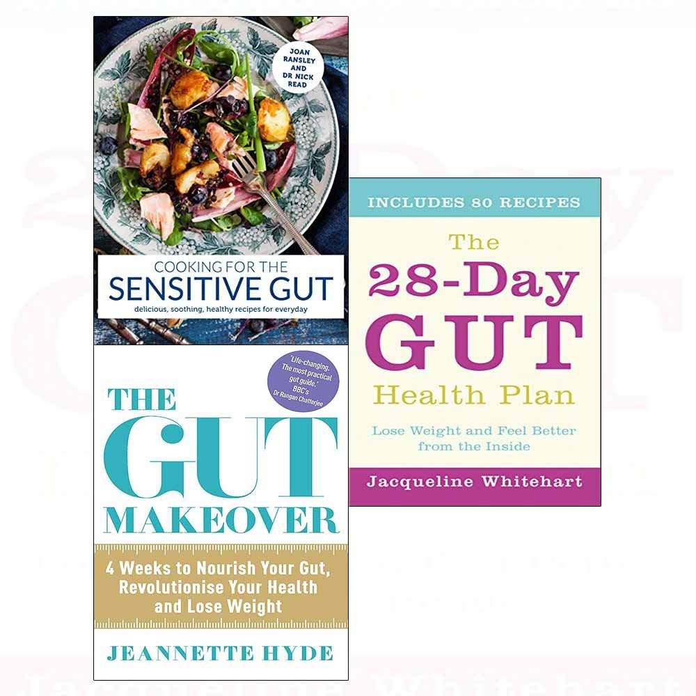Three paperback books from the "Cooking for the Sensitive Gut" collection by Joan Ransley, showcasing healthy recipes.