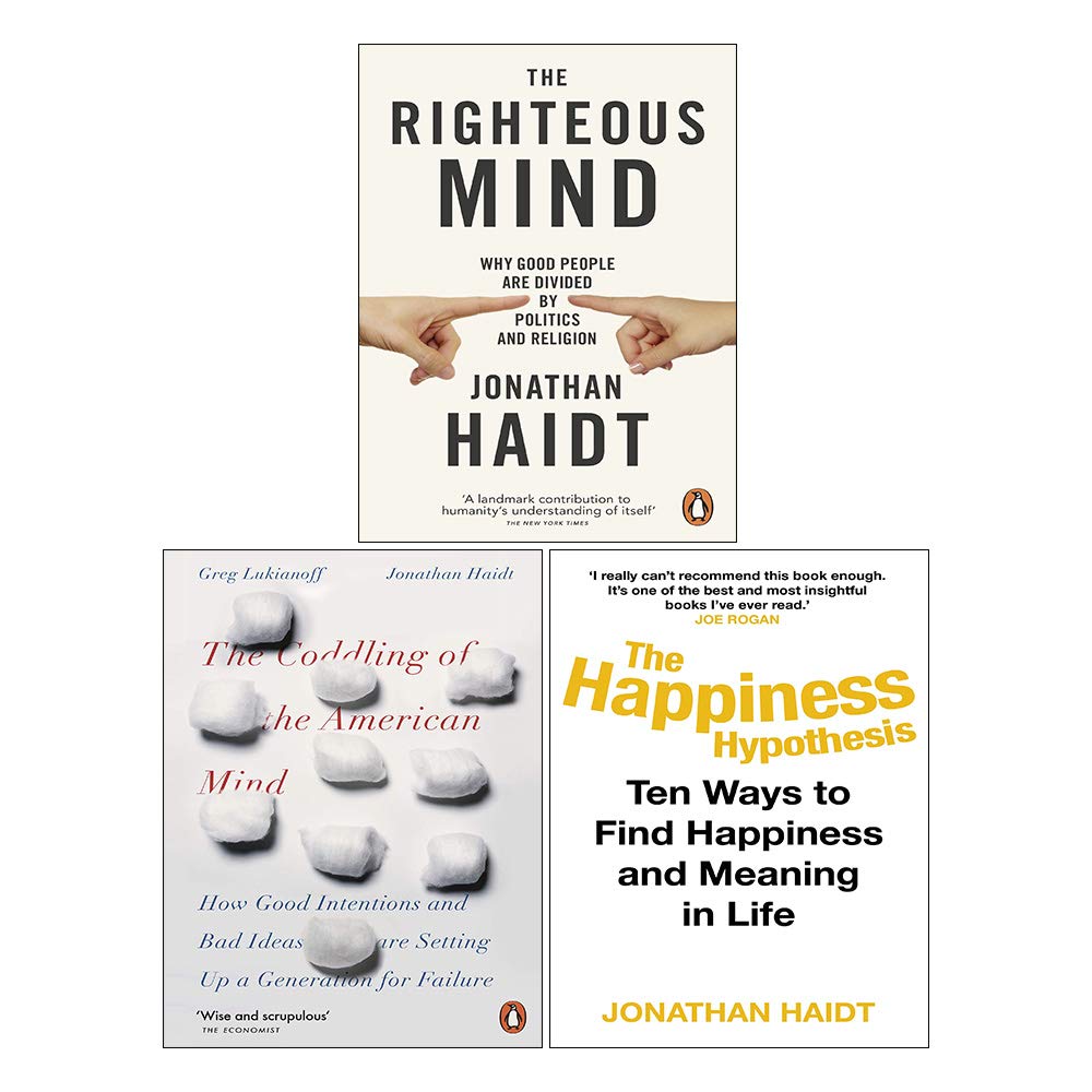 Jonathan Haidt Collection of 3 paperback non-fiction books by Jonathan Haidt, featuring colorful covers and author name.