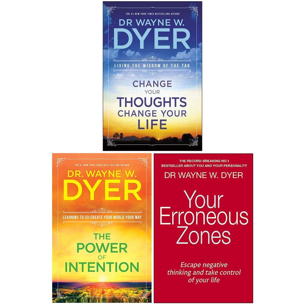 Wayne W. Dyer 3 book collection set in paperback, featuring covers with inspirational themes and vibrant colors.