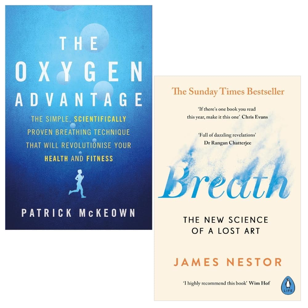 Breath and Oxygen Advantage books by Patrick McKeown in a collection set, showcasing paperback covers and titles.