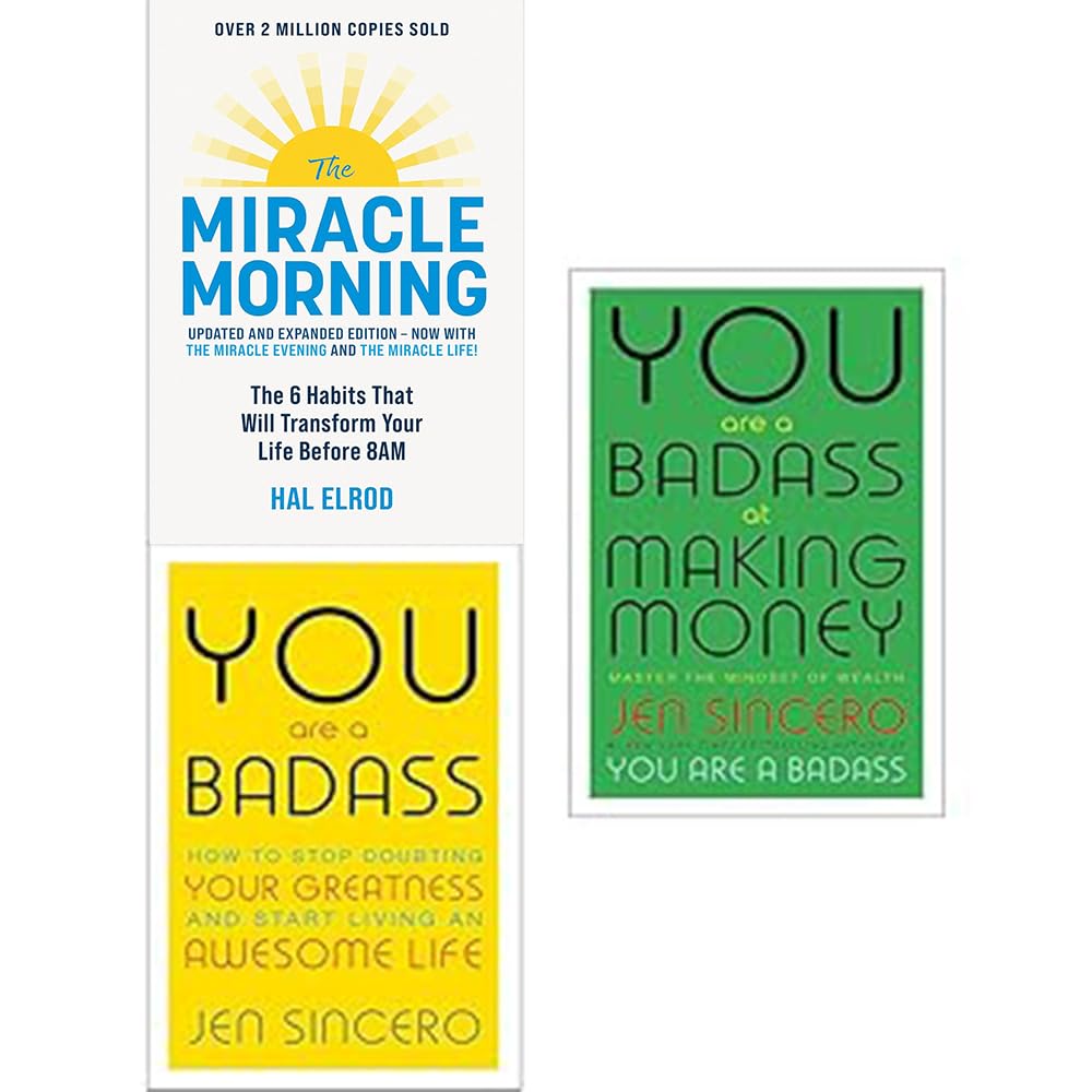 Miracle Morning Collection by Hal Elrod, featuring 3 paperback non-fiction books stacked on a wooden surface.