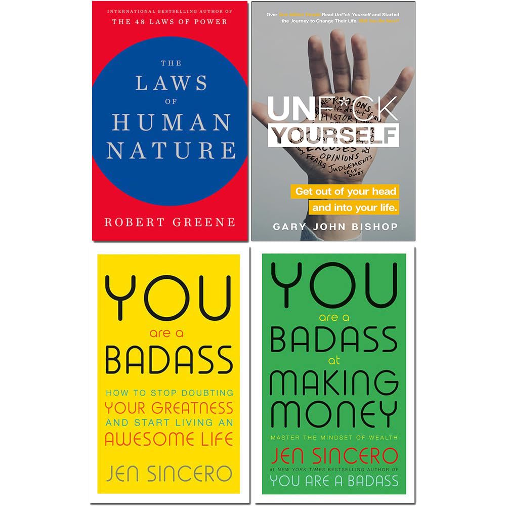 Four hardback self-help books collection by various authors, including Robert Greene, in a neatly arranged display.