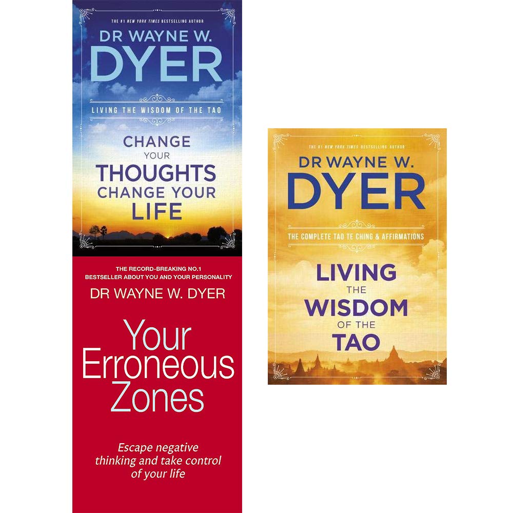 Dr. Wayne W. Dyer Collection set featuring three non-fiction paperback books by Wayne W. Dyer on a wooden surface.