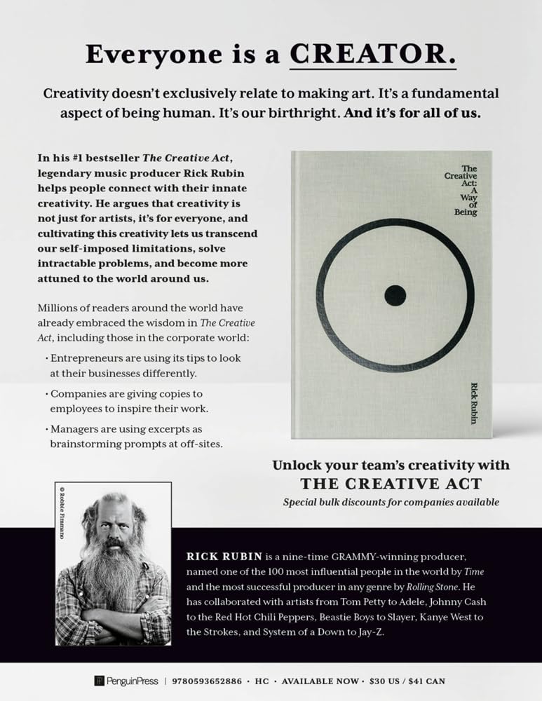 Hardcover of "The Creative Act: A Way of Being" by Rick Rubin, non-fiction book with a black cover and white text.