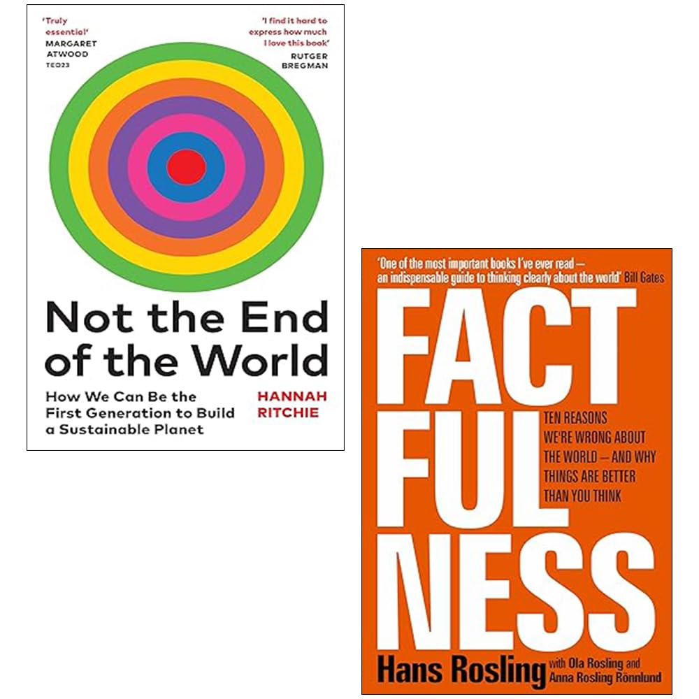 Hardcover set of "Facts" by Hans Rosling and others, featuring two non-fiction books on a wooden surface.