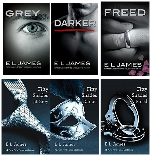 Six paperback books from the Fifty Shades fiction series by E L James, featuring varying covers and spine designs.