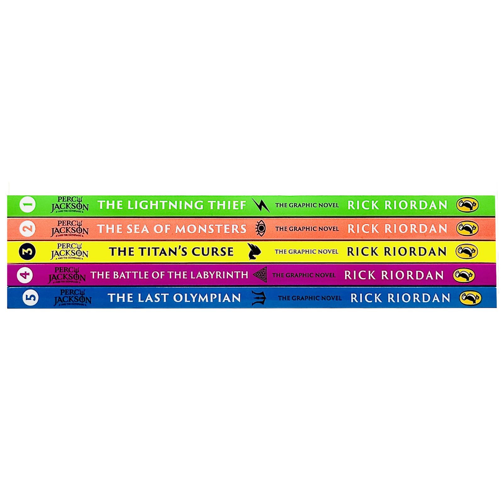Set of five Percy Jackson novels by Rick Riordan in paperback, young adult fantasy collection with colorful Puffin book covers.