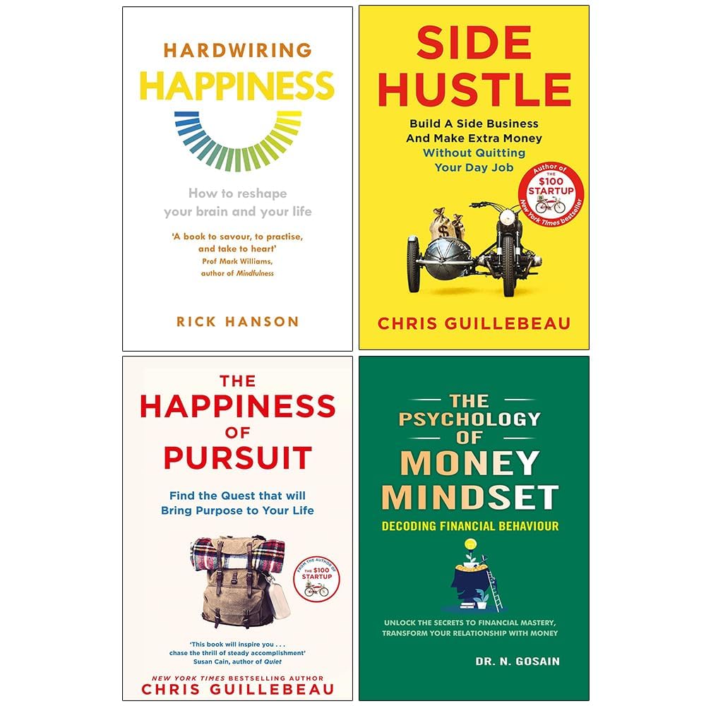 Mindset 4 Books Collection Set in paperback, featuring various authors, by Rick Hanson, displayed on a wooden surface.