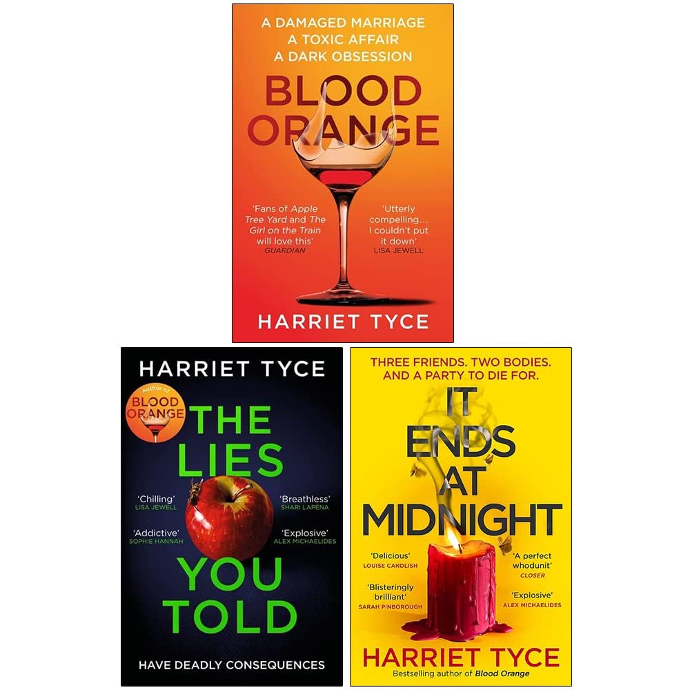 Harriet Tyce paperback book set featuring Blood Orange, The Lies You Told, and It Ends At Midnight by Wildfire Ltd.