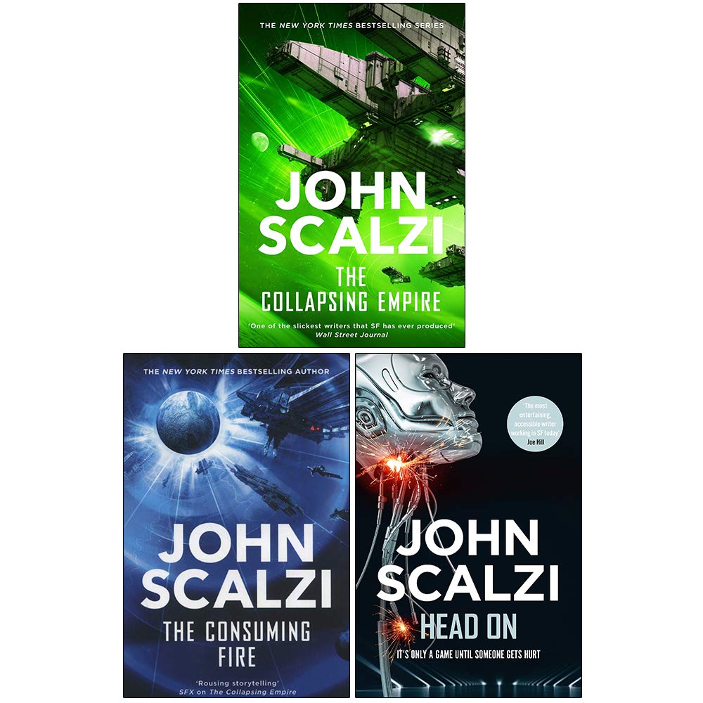 Three paperback books from the Scalzi Collection by John Scalzi, featuring sci-fi fiction covers and titles.