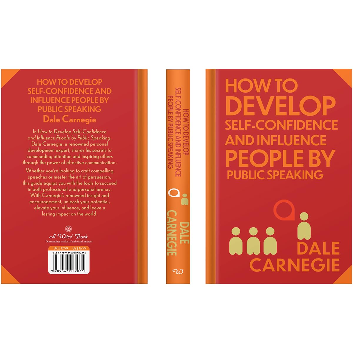 Hardback book "How to Develop Self-Confidence and Influence People" by Dale Carnegie on a wooden surface.