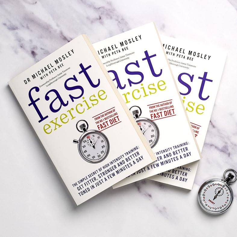 Paperback cover of "Fast Exercise" by Michael Mosley and Peta Bee, showcasing a fitness theme and engaging design.