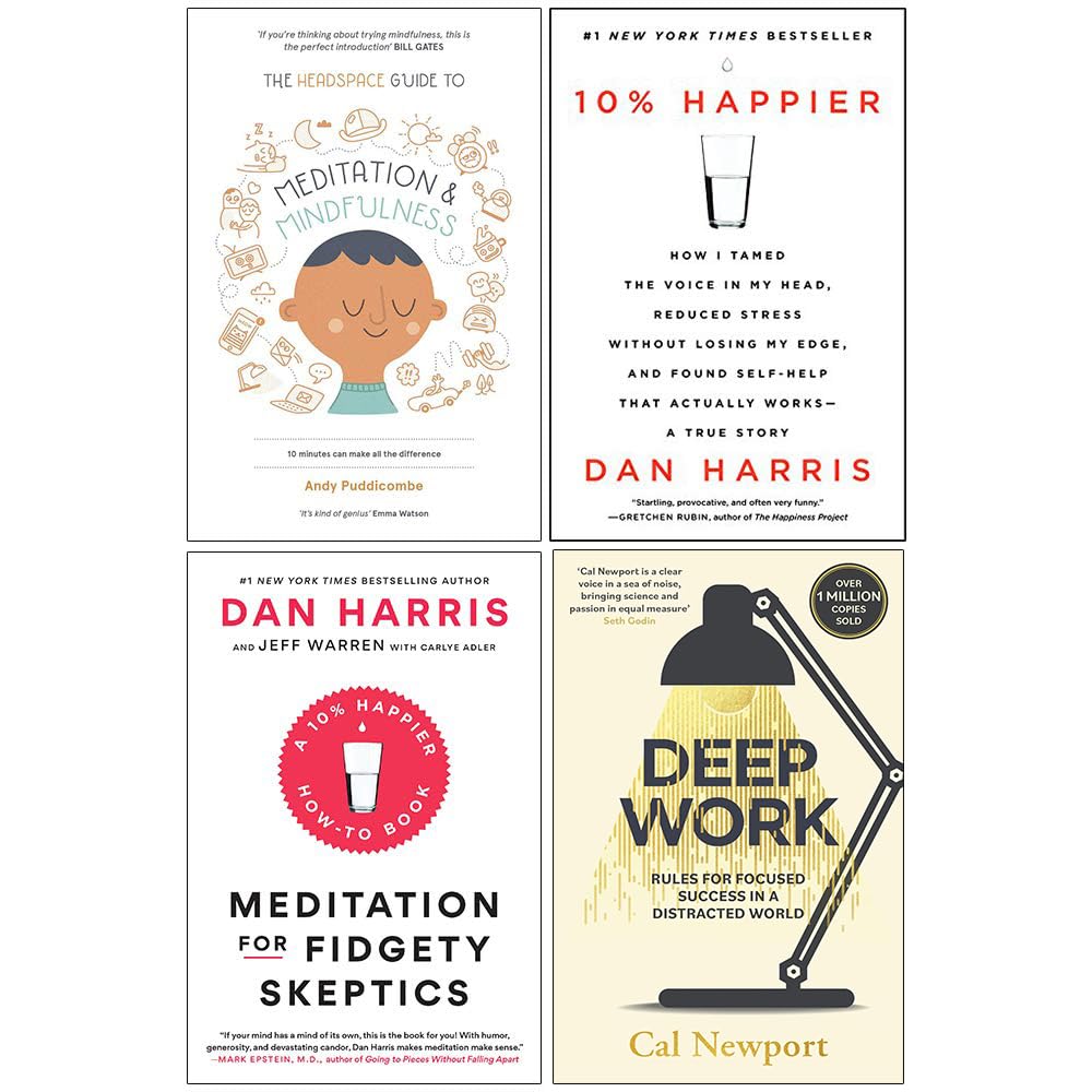 Four paperback books on mindful productivity by various authors, featuring titles from Hodder Paperbacks and Spiegel & Grau.