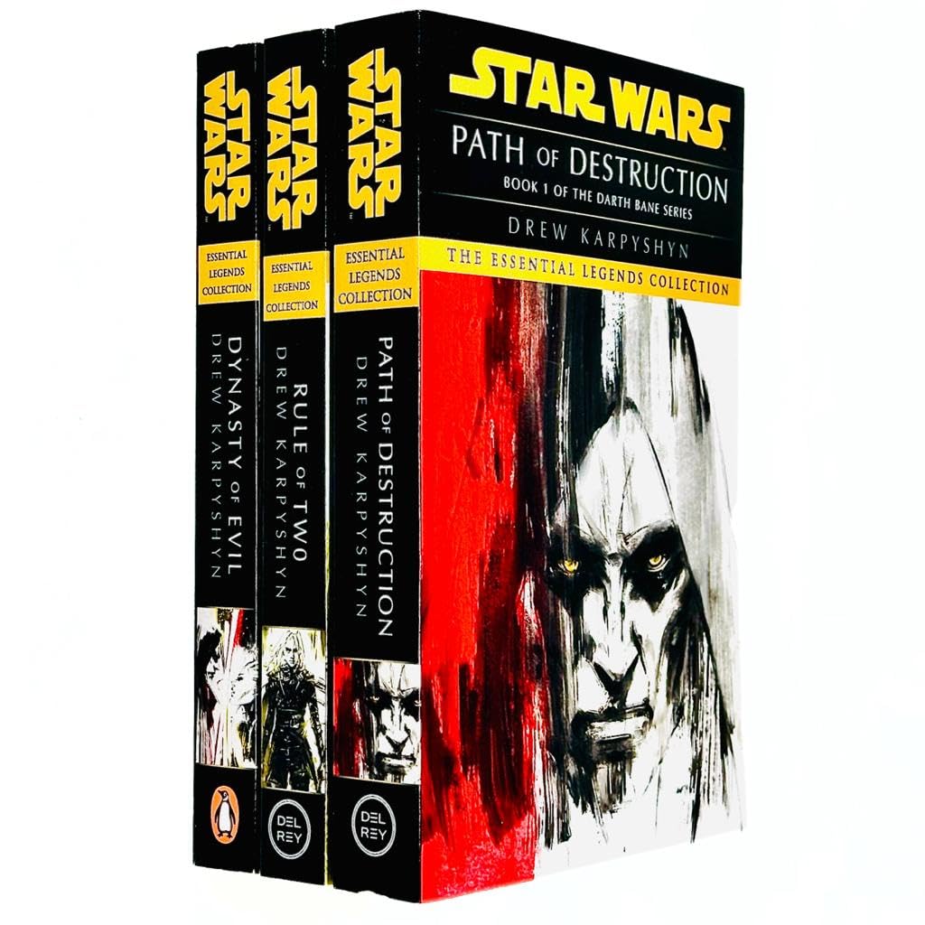 Darth Bane Trilogy by Drew Karpyshyn, three paperback books set featuring iconic Star Wars dark side themes.