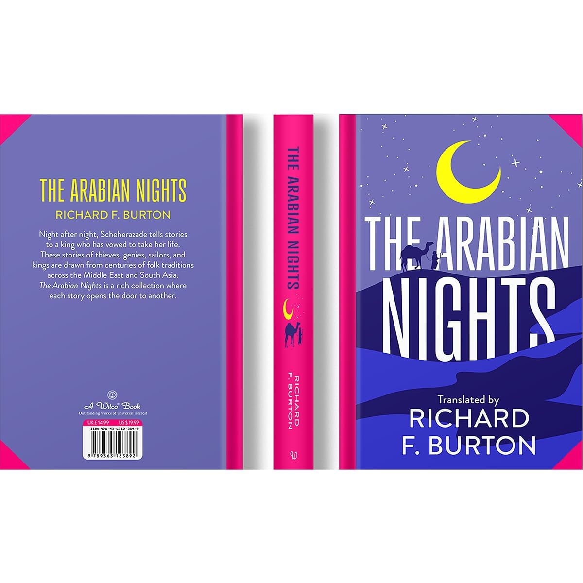 Hardback edition of "Arabian Nights" by Richard F. Burton with intricate cover design and classic fiction appeal.