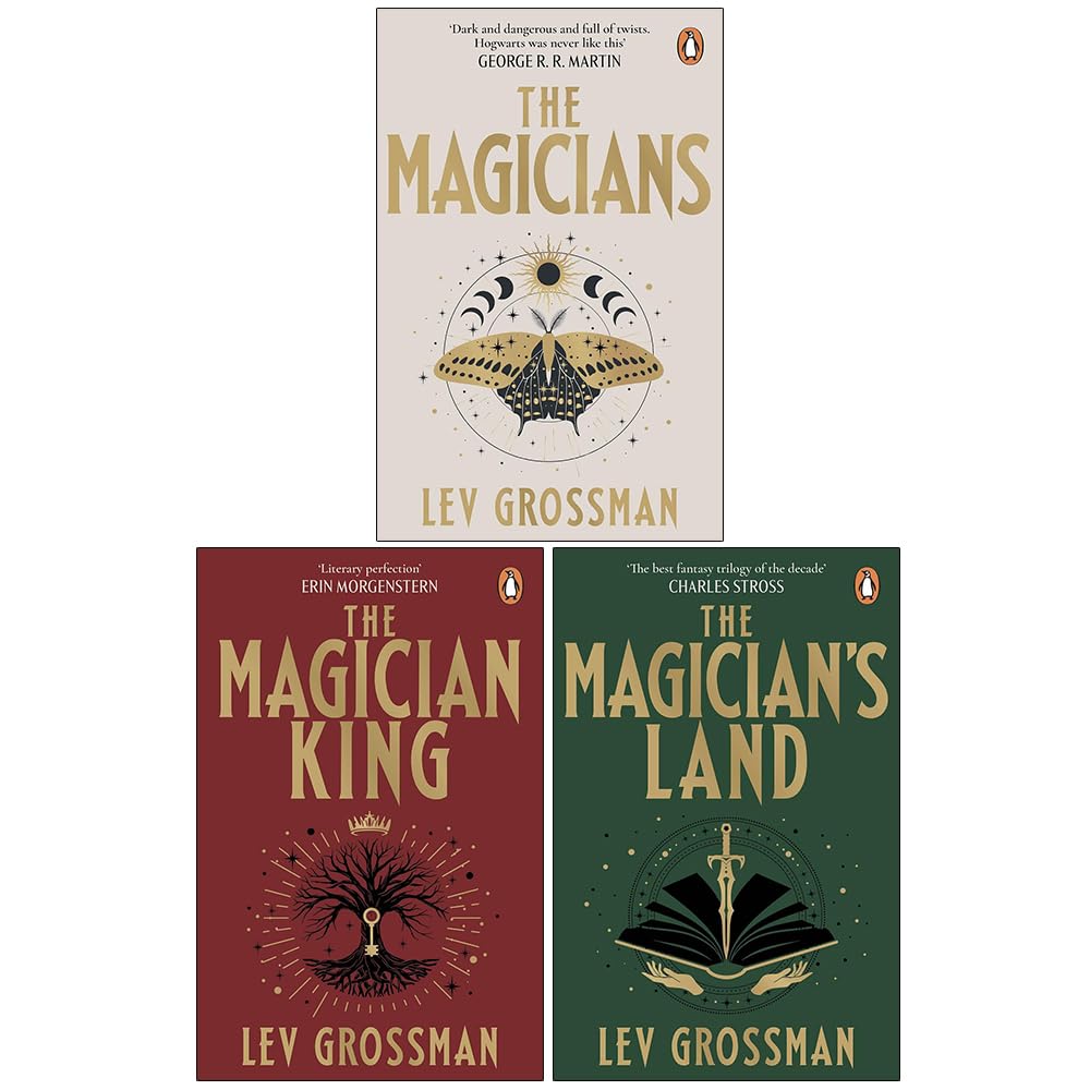 Three paperback books from the Magicians Trilogy by Lev Grossman, featuring arrow-themed covers, in a fiction collection set.
