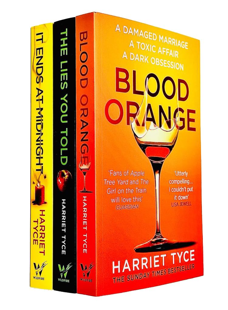 Harriet Tyce collection of 3 paperback books: Blood Orange, The Lies You Told, and It Ends At Midnight on a white background.