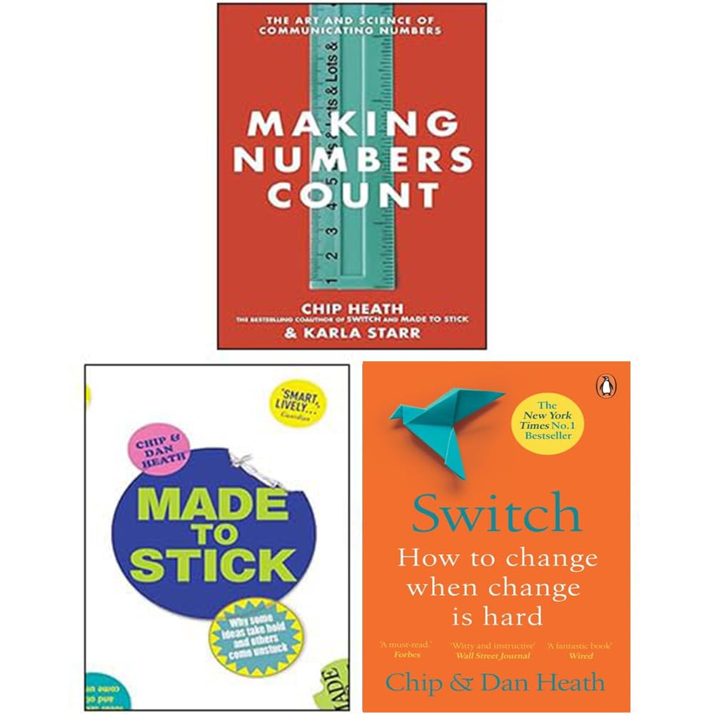 Three paperback books from the "Made to Stick and Switch" collection by Chip Heath and Dan Heath.