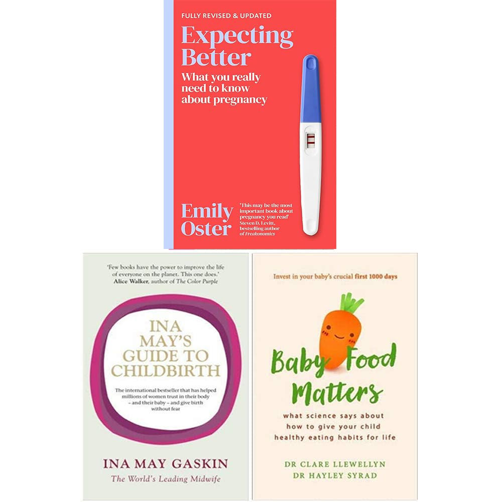 Pregnancy Trio by Emily Oster, three nonfiction paperback books displayed on a wooden surface, covers visible.