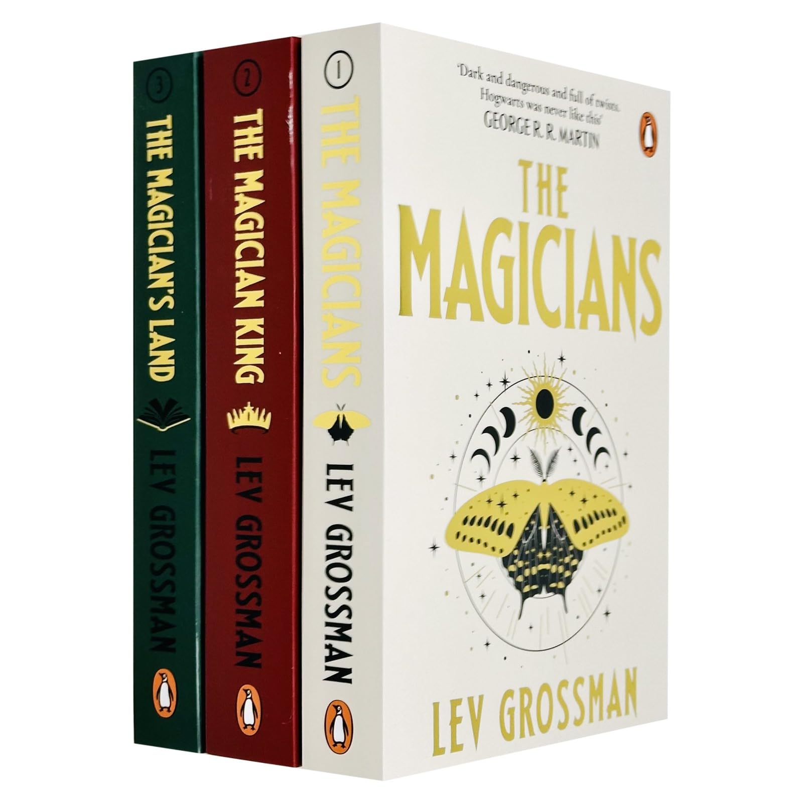 Set of three Lev Grossman Magicians Trilogy paperback books, featuring fantasy fiction covers and arrow branding.