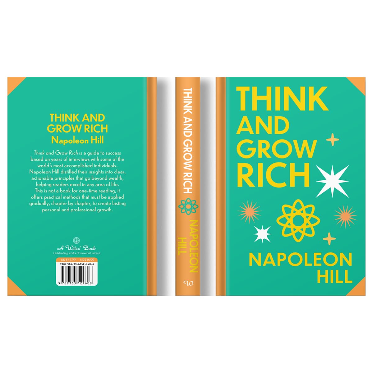 Hardback edition of "Think and Grow Rich" by Napoleon Hill with sprayed edges, showcasing the cover design and binding.