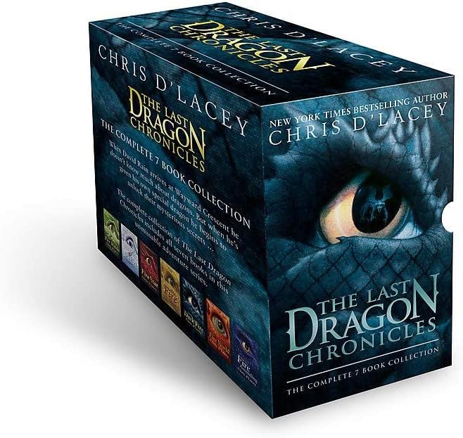 Seven-book Dragon Chronicles collection by Chris D'Lacey in paperback, featuring colorful fantasy dragon illustrations on the covers.
