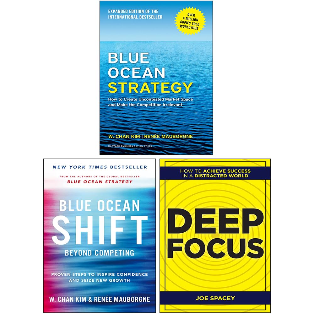 Three paperback books from the Blue Ocean Set by W. Chan Kim and Renee Mauborgne, showcasing non-fiction titles.