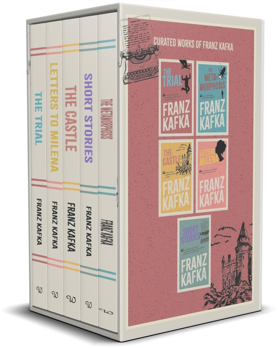 Five paperback books from the Franz Kafka collection box set by Wilco International LLP Ltd, featuring classic fiction by Kafka.