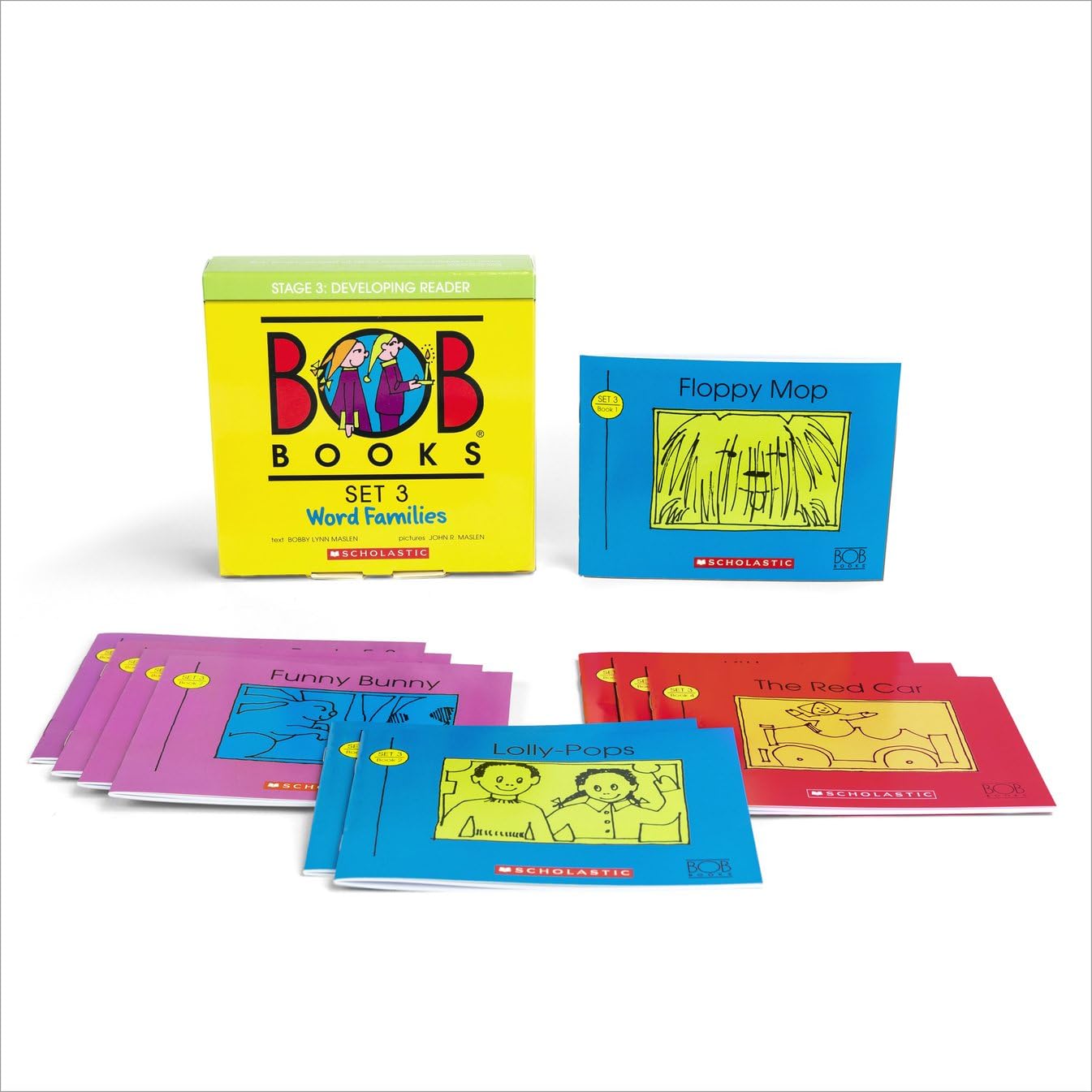 Set of three Bob Books by Bobby Lynn Maslen in paperback for ages 5 and up, featuring colorful covers and child-friendly illustrations.