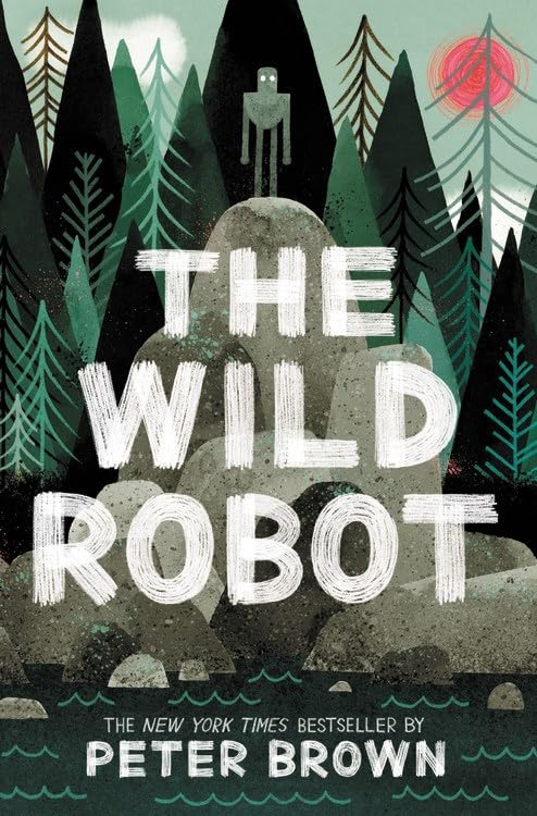 Two paperback books from the Wild Robot Series by Peter Brown, suitable for ages 8–12, featuring vibrant cover art.