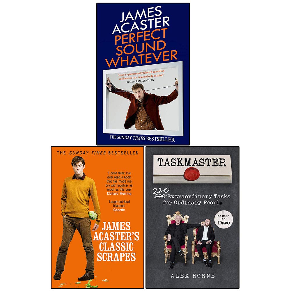 Taskmaster Collection by James Acaster, three paperback non-fiction books stacked with colorful covers on a white background.