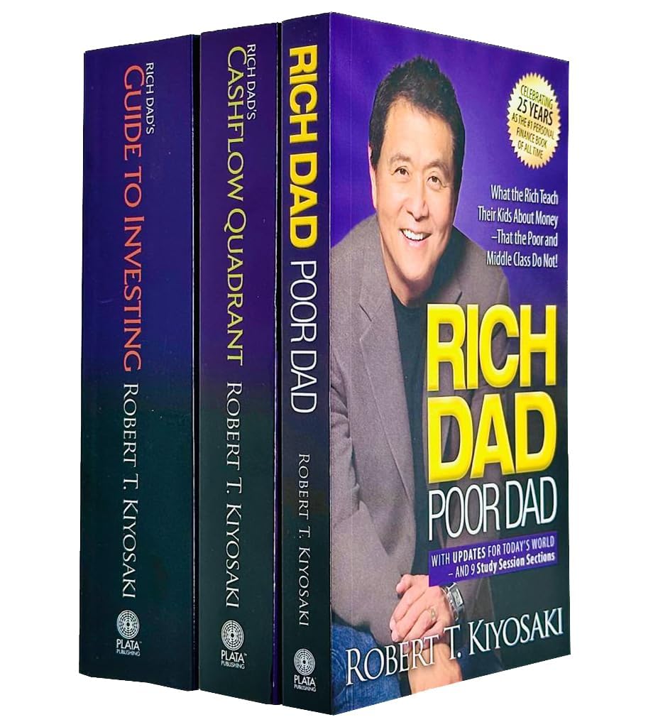Three paperback books from the Rich Dad collection by Robert T. Kiyosaki stacked together on a white background.